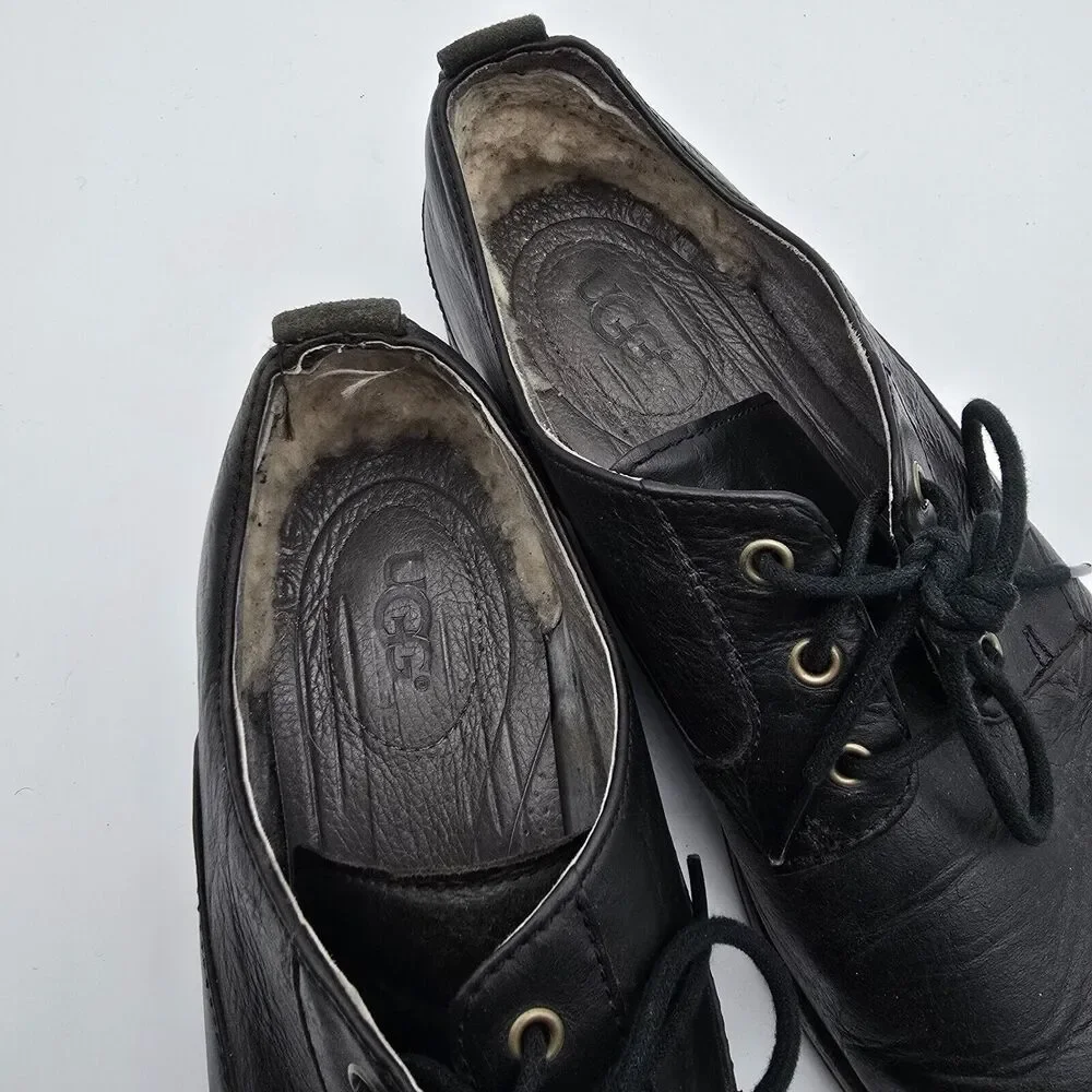 UGG Shoes Mens 11 Black Klayton Oxford Loafer Slip On Leather Lace Up Shearling